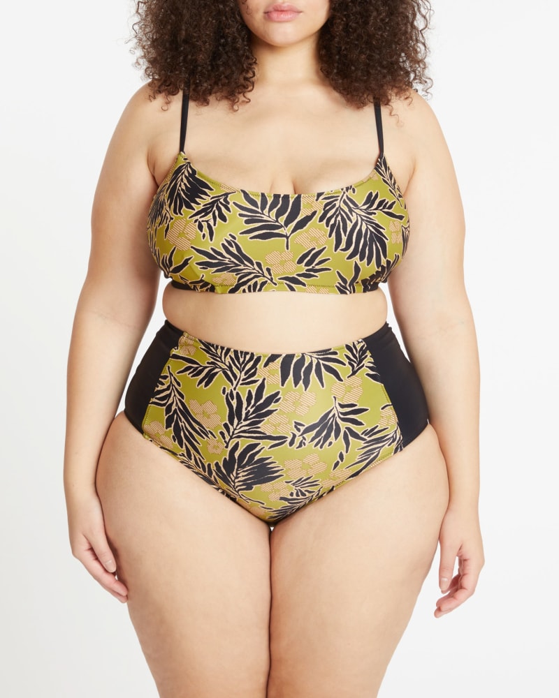 Front of a model wearing a size L Kaia Bikini Top in AVOCADO MULTI by Tanya Taylor. | dia_product_style_image_id:283439